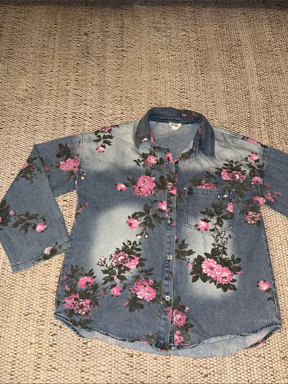 Floral Denim Button-Up Jean Shirt with Pink Roses. Rustic western cowgirl rodeo